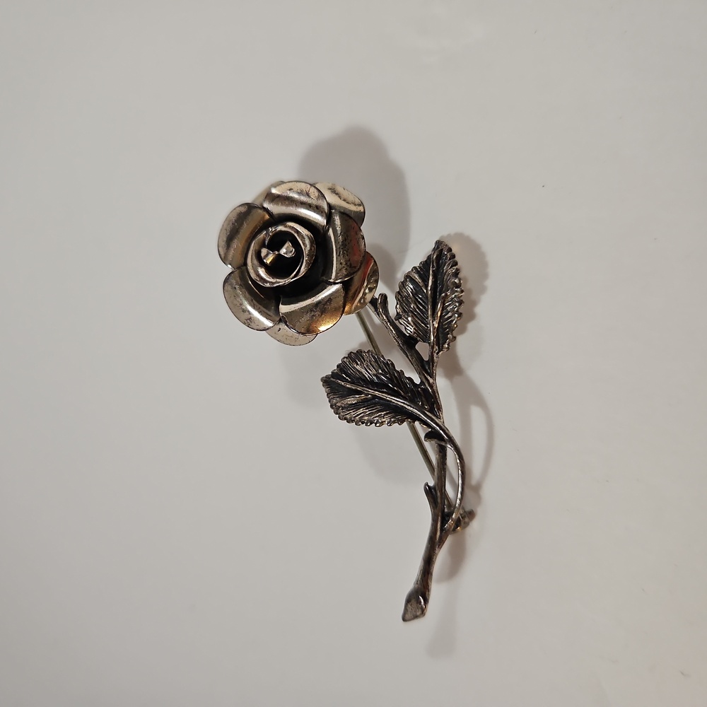Vintage BEAU Sterling Silver Brooch Signed Figural Rose